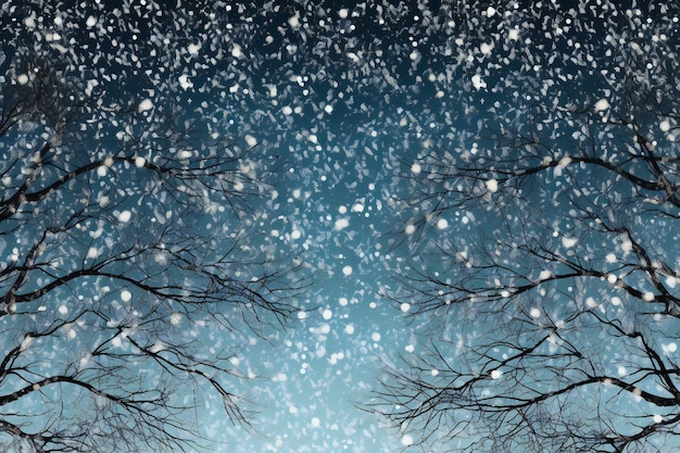 Зимний лес с снежинками и голубым небом на заднем плане