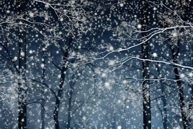 Winter forest with snowflakes and trees on a dark blue background