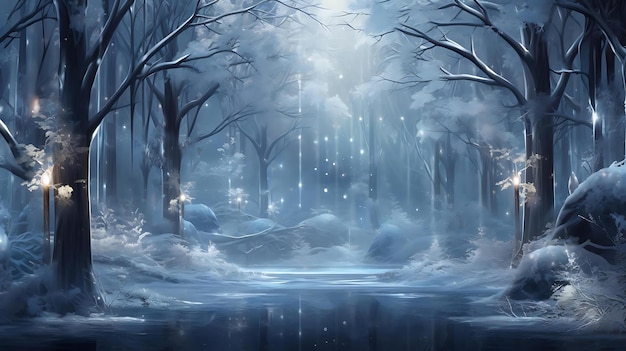 Winter forest with a snowy forest and a pond