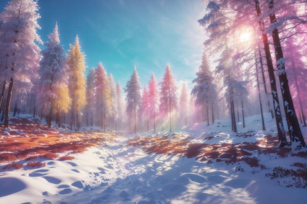 winter forest with sun background