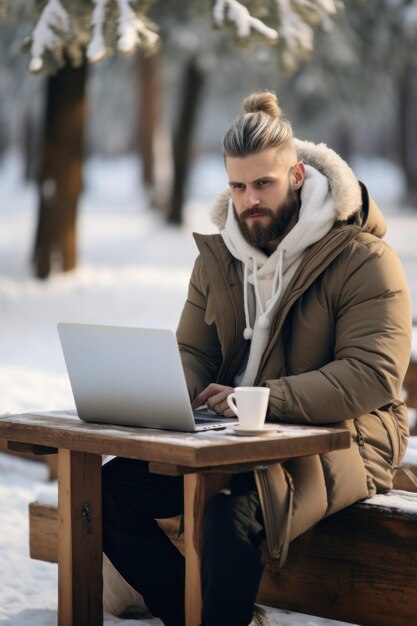 Winter freelance Man with laptop and thermos working outdoor in winter