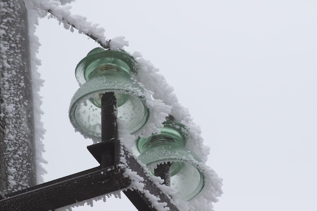 Winter frost Energy industry of Ukraine highvoltage power lines in ice