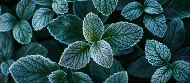 Winter Frost on Green Leaves