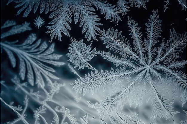 Winter frost leaves patterns on glass Leaf ice crystals on cold winter background