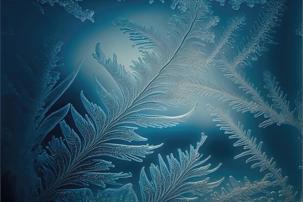 Winter frost leaves patterns on glass Leaf ice crystals on cold winter background