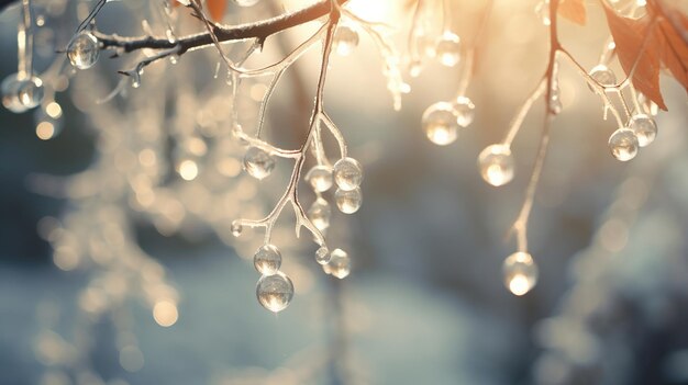 写真 冬の凍り 森の水滴