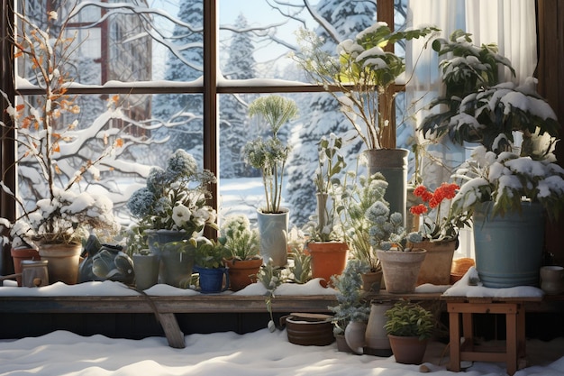 Зимний сад внутри теплицы с цветами и растениями под снегом