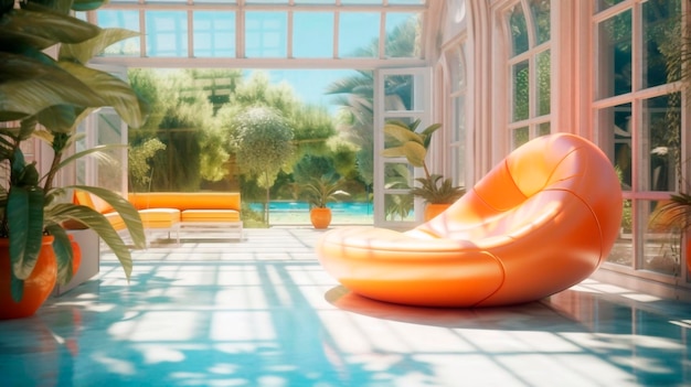 Winter garden interior with swimming pool and deck chair