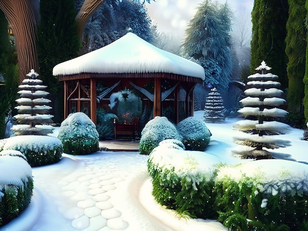 Winter garden with bushes and spruces Winter atmospheric landscape AI