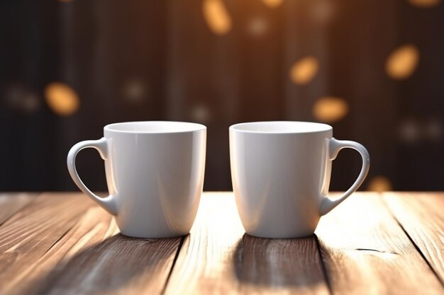 Winter gift idea pair of white mugs wooden background cozy ambiance