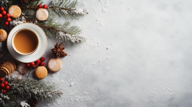 冬の贈り物 ⁇ 飲み物 ⁇ クッキー ⁇ コピースペースのある冬の木の枝