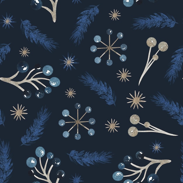 青と星の冬ゴールデン ブロンズ ベリー モミの木水彩シームレス パターン深い紺