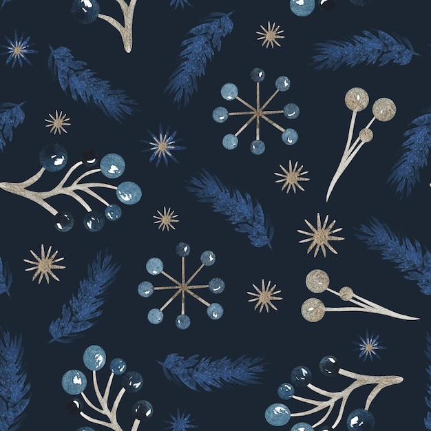 Photo winter golden bronze berries fir tree with blue and star watercolor seamless pattern deep navy blue