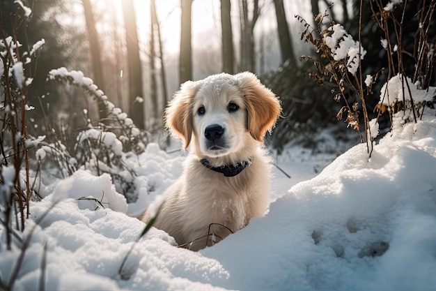 In the winter a golden retriever puppy plays outside in the snow