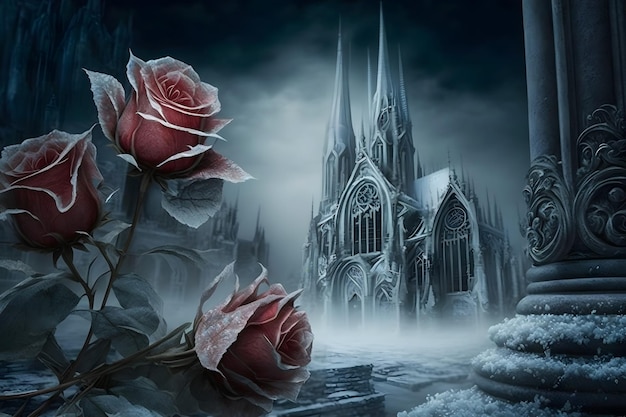 Photo winter gothic castle with roses neural network ai generated