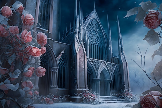 Photo winter gothic castle with roses neural network ai generated