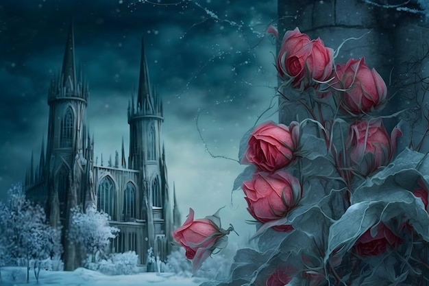 Photo winter gothic castle with roses neural network ai generated