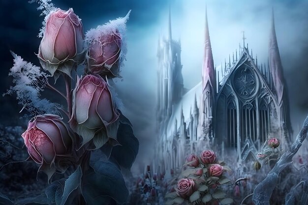 Photo winter gothic castle with roses neural network ai generated