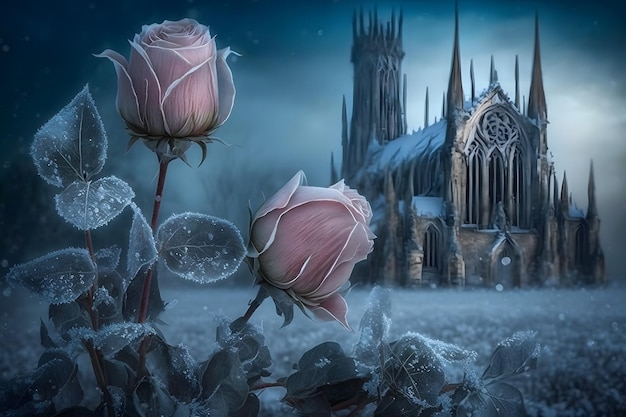 Winter gothic castle with roses Neural network AI generated