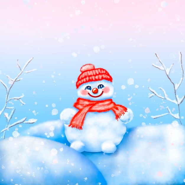 зимняя открытка со снеговиком новогодний рисунок
