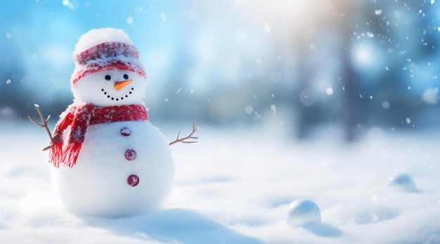 Winter greeting card with a snowman and copyspace
