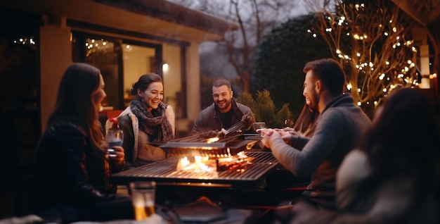 Photo winter happy family and friends having fun drinking enjoying diner