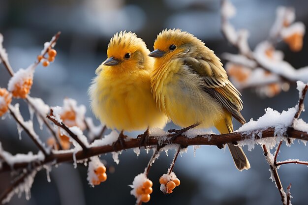 Зимняя гармония Две желтые птицы на полностью покрытой ветви дерева
