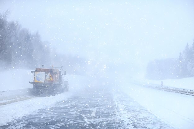 winter highway snowfall background fog poor visibility