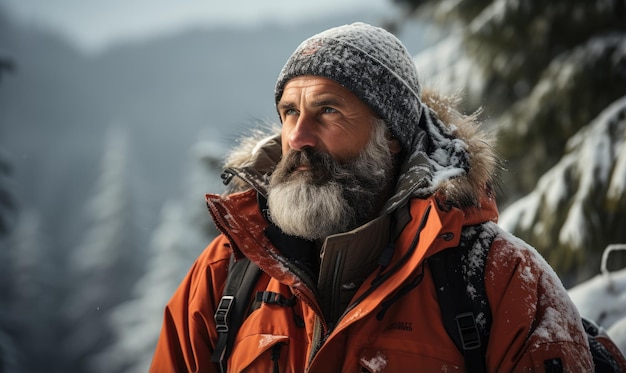 Winter hike on forest in snow Portrait of handsome bearded nordic old man with backpack Beautiful snowy forest landscape