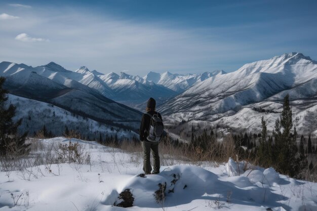 Winter hike with view of snowy mountain range in the background created with generative ai