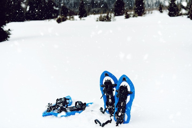 山での冬のハイキング雪の降る冬の日に周りに雪片が付いた新鮮なショーの青いスノーシュー