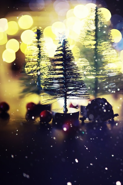 Winter holiday background with frozen fir, glitter lights, bokeh. Christmas and New Year holiday background with copy space.