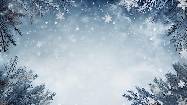 winter holiday background with pine branches and snowflake