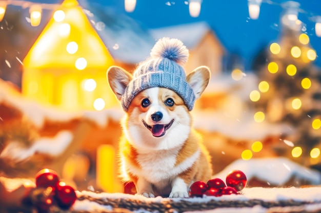 Winter holiday card with cute adorable corgi with knitted hat on blurred snowy winter landscape
