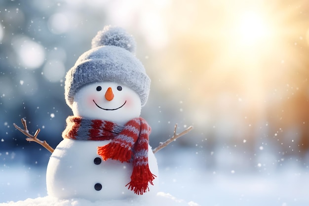 Winter holiday christmas background banner Closeup of cute funny laughing snowman with wool hat