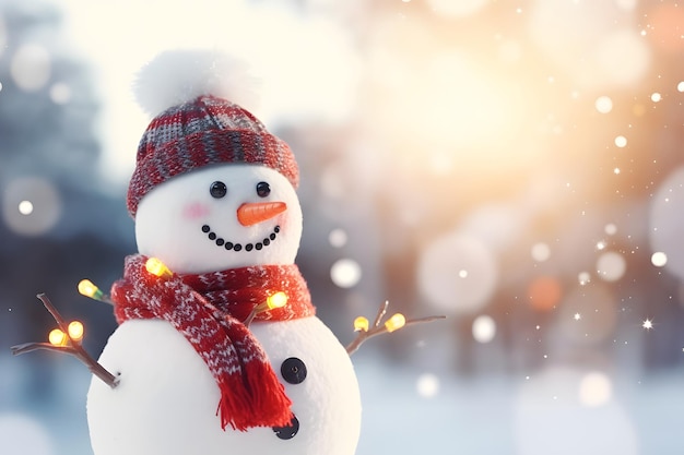 Winter holiday christmas background banner Closeup of cute funny laughing snowman with wool hat