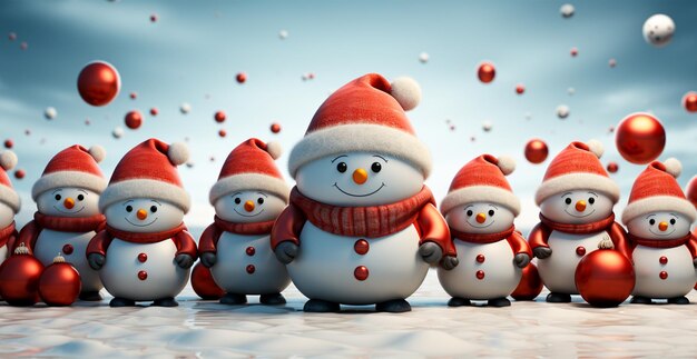 Winter holiday christmas background banner closeup of snowmen on snowy bokeh background ai generated image