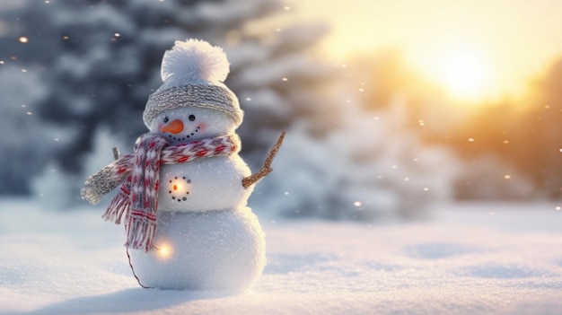 Зимний праздник Рождество фонарь милый смешной смеющийся снежный человек с шерстяной шляпой и шарфом