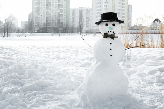 冬の休日のコンセプト。冬の悲しい雪だるま