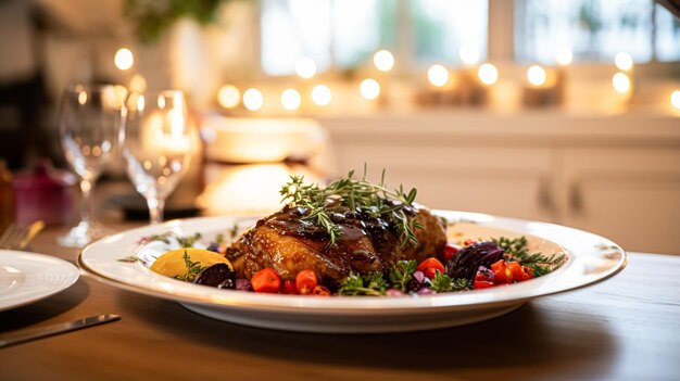 Foto pasto festivo invernale per la cena menu di celebrazione piatto principale piatto festivo per l'evento familiare di natale capodanno e festività idea di ricetta di cibo di campagna inglese