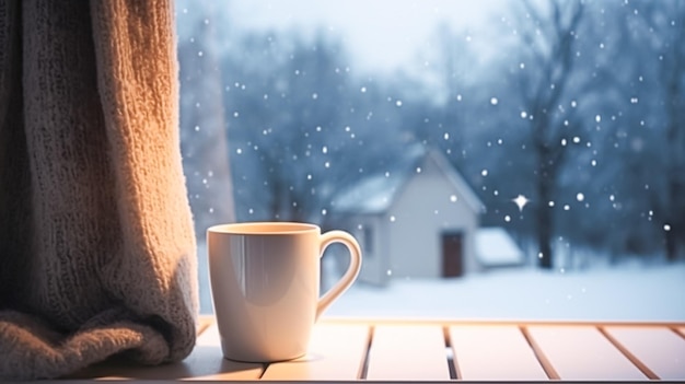 写真 冬の休み やかで居心地の良い家 お茶やコーヒーカップ 窓の近くに編んだ毛布 イギリスの田舎の小屋の休みの囲気 インスピレーション