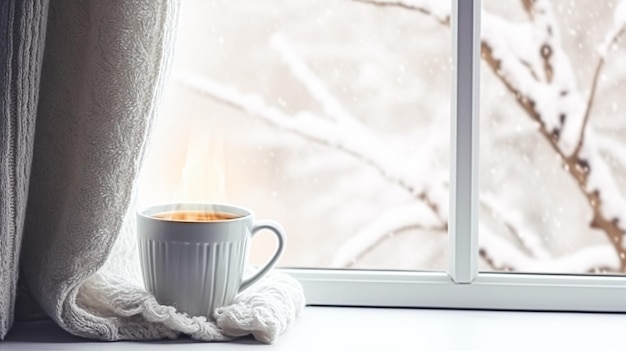 冬の休み やかで居心地の良い家 お茶やコーヒーカップ 窓の近くに編んだ毛布 イギリスの田舎の小屋の休みの囲気 インスピレーション