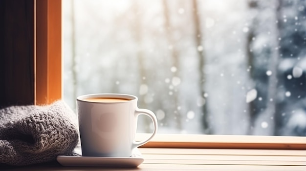 冬休みは、英国の田舎のコテージの休日の雰囲気のインスピレーションの窓の近くにある、静かで居心地の良い自宅の紅茶やコーヒーのマグカップとニット毛布