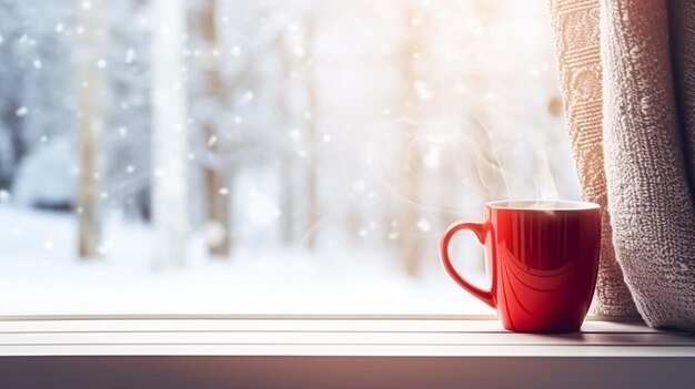 Winter holidays calm and cosy home red cup of tea or coffee mug and knitted blanket near window in the English countryside cottage holiday atmosphere