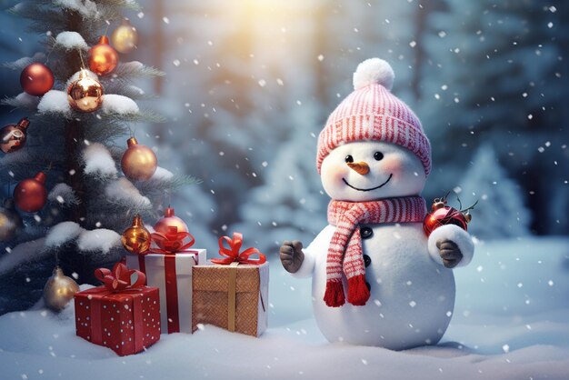 Winter holidays christmas tree and cute white bear in Santa hat with giftbox background AI