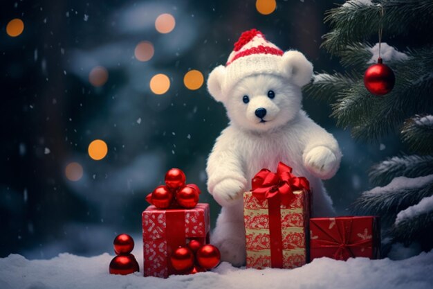 Winter holidays christmas tree and cute white bear in Santa hat with giftbox background AI