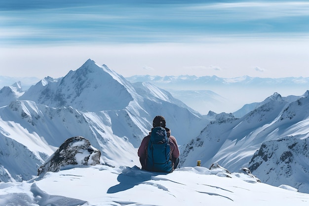 Winter holidays concept travel ski walking ski alpinist freeride skiing man on top of the mountain