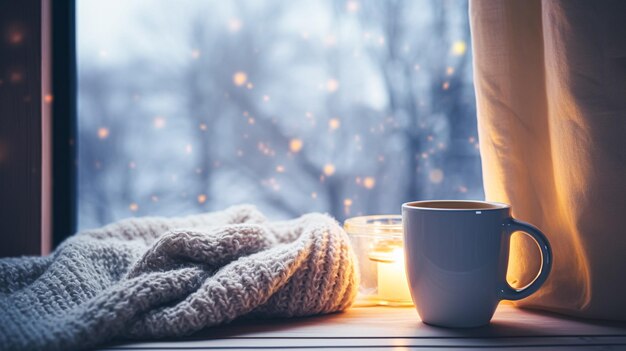 Photo winter holidays evening calm and cosy home cup of tea or coffee mug and knitted blanket near window in the english countryside cottage holiday atmosphere inspiration