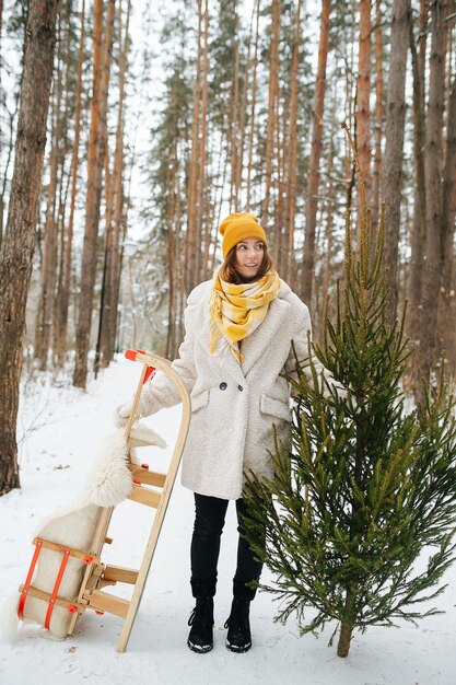 Winter holidays. Girl with a Christmas tree in her hands and sleds standing in the forest.