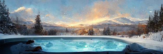 Winter holidays, hot bath outdoors. Digital Illustration